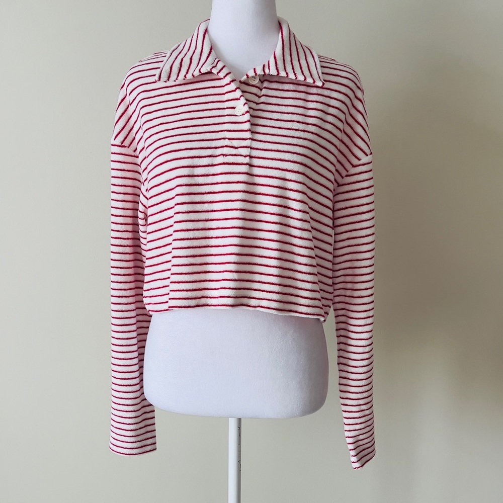 Topshop Red Striped Long Sleeve Cropped Collared Polo Shirt Terry Cloth Material